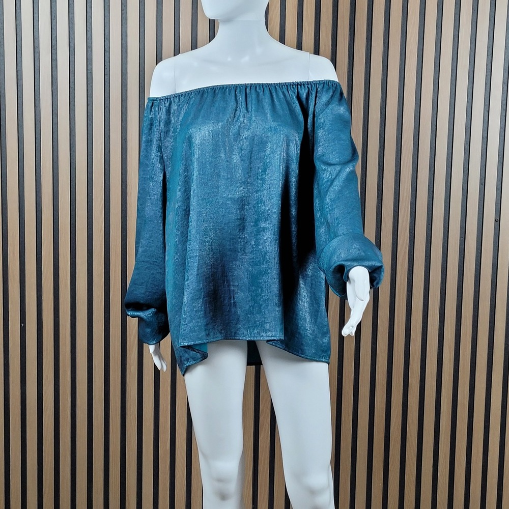 LOFT Blouse Off Shoulder Metallic Teal Blue Balloon Sleeve Shimmer Large